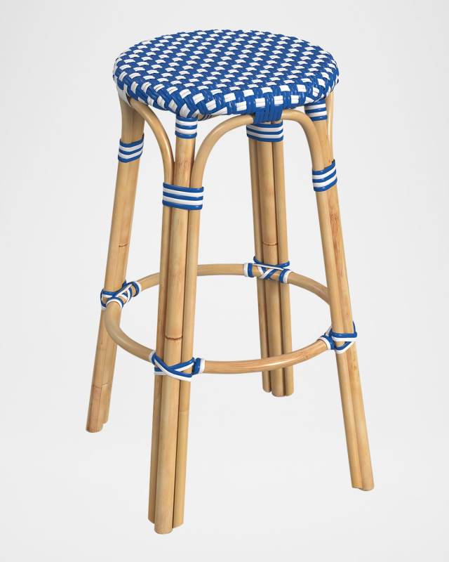 Tobias 30" Rattan Bar Stool, Bright Blue/White Dot